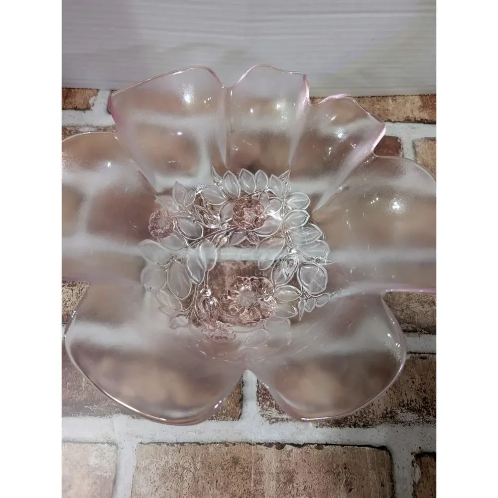 Vintage Mikasa Pink Rosella Bowl Crystal Rose Ruffled Edge Frosted Candy Dish